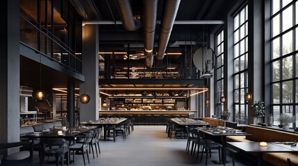 Modern industrial-style restaurant interior with loft design, featuring large windows, exposed ductwork, and ambient lighting over dining tables and bar area.