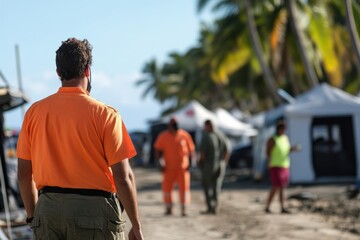Obraz premium Members of a disaster response team in bright uniforms are seen at work on a busy tropical beach, highlighting coordination and efficacy amidst emergency relief operations.