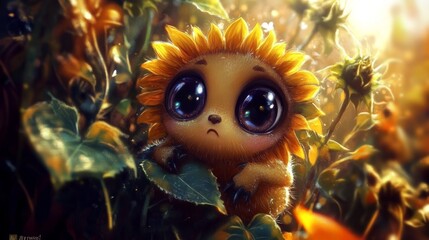 Sunflower with big, expressive eyes set in a colorful, cartoon-like field, evoking images of wonder, whimsy, and joy.