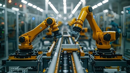 A pair of yellow robotic arms operates on an automated production line in a modern factory setting, showcasing advanced industrial technology.