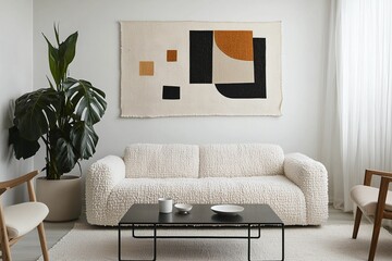 A modern japandi interior in the living room with minimalist, woven tapestry and sofas and tables. Generative AI
