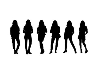 Model photography standing posing silhouette. Set of model fashion girl silhouette isolated on a white background.