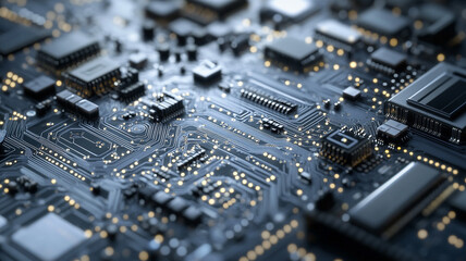 Intricate details of a circuit board illuminated by lights in a technology setting