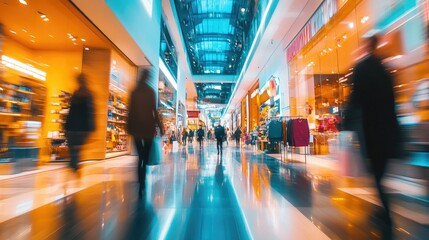 Fototapeta premium A high-end department store with bright, vibrant colors and blurred figures of people shopping, conveying a sense of luxury and sophistication.