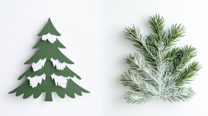Fototapeta premium A minimalist Christmas tree paper cutout on the left, with a blank white background and room for holiday wishes on the right.