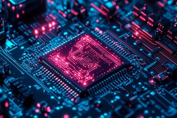 Fototapeta premium The idea of central computing processors. Digital chip on the motherboard. Technology backround. Integrated communication processor. The concept of a digital chip on the motherboard. Image in 3D.