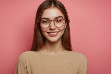 Fototapeta premium Model poses in studio against pink background while wearing beige sweater and round transparent glasses. Positive emotions concept. Horizontal view of smiling brunette young woman with pleasant