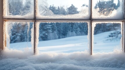 Close-up of frosty window with snow-covered landscape in the background, ample copy space