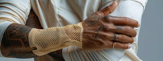hands with fabric that imitates artificial skin.  innovations in biotechnology, technology development concept. banner 