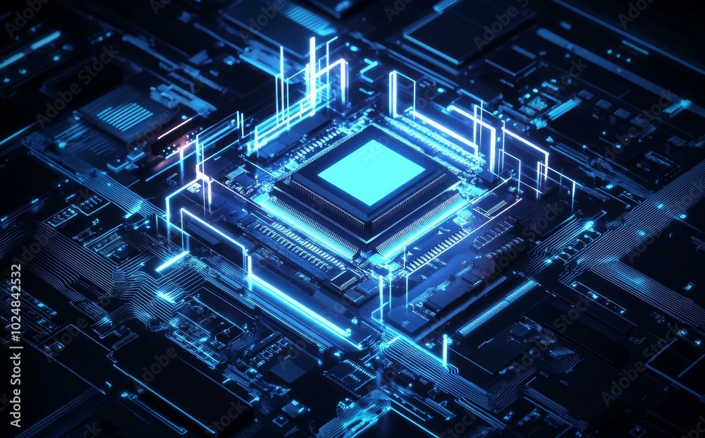 Poster an image of a central computer processor, cpu. a 3d rendering of a concept image.