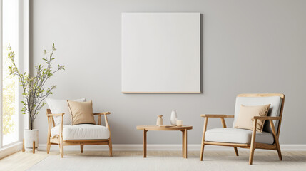 Cozy modern living room with mockup frame and two wooden chairs, a low table, and a decorative plant near large windows