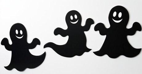Obraz premium Aerial image of a Halloween day decoration, with the black ghost on a rustic white stone and space for creative design text.