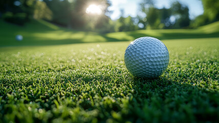 Obraz premium Wooden Golf club and silver golf ball on the grass, blurred background of a golf course on a sunny day with sunlight.