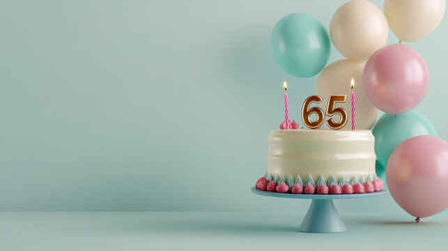 Birthday cake with candles for 65 years, balloons in pastel background
