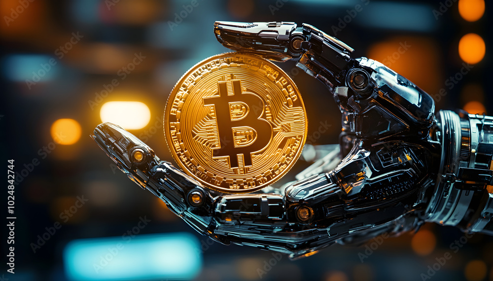 Wall mural a close-up image of a robotic hand holding a gleaming bitcoin coin. the background features futurist