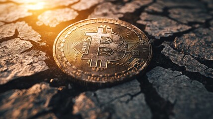 A gold Bitcoin coin sits on cracked dry earth, representing the cryptocurrency's value in a world facing drought and environmental challenges.