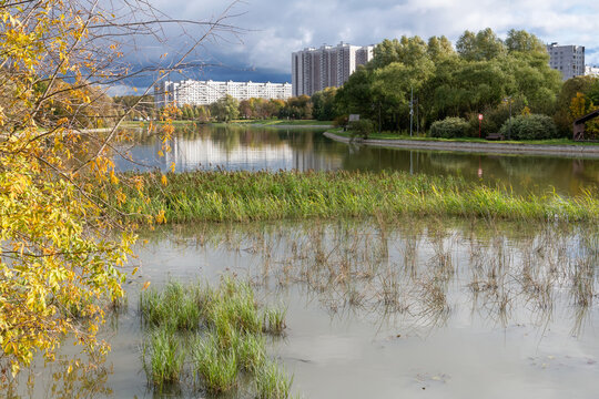 View of the Altufyevsky pond and residential buildings on the Altufyevsky highway. Lianozovo district, Moscow