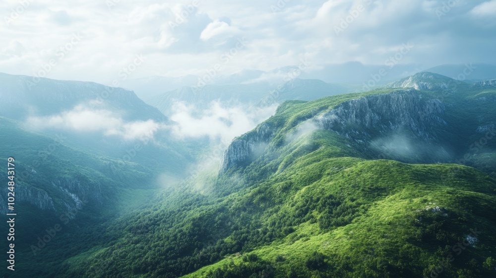 Poster the mountains are covered in lush green trees and the sky is cloudy
