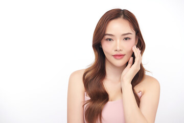Fototapeta premium Beautiful young asian woman with clean fresh skin on white background, Face care, Facial treatment, Cosmetology, beauty and spa, Asian women portrait.