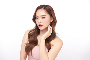 Fototapeta premium Beautiful young asian woman with clean fresh skin on white background, Face care, Facial treatment, Cosmetology, beauty and spa, Asian women portrait.