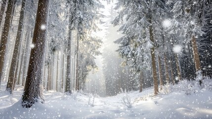Obraz premium A snowy forest path with sunlight shining through the trees.