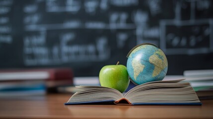 A green apple and a globe sit on an open book in front of a chalkboard with math equations, representing the importance of education.
