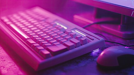 Old-school 90s computer keyboard and mouse with neon highlights