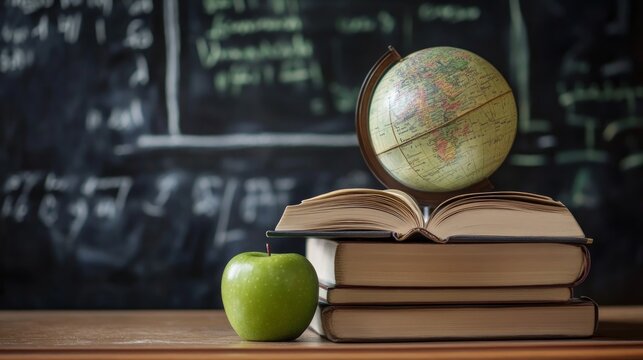 A green apple, a stack of books with an open globe on top, and a chalkboard with math equations in the background.