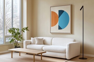 Minimalist, modern japandi interiors in the living room with beige walls and boucle sofas with art frames hanging. Generative AI
