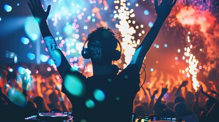 DJ performing at a vibrant nightclub with dynamic lighting and dancing crowd