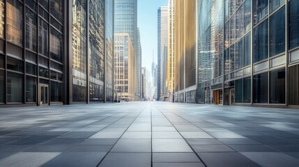 Fototapeta premium Empty street view with tall, sleek skyscrapers and wide open sky for copy space. No people present
