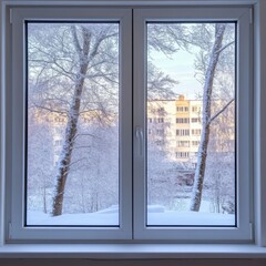 A serene winter scene viewed through a frosted window, showcasing snow-covered trees and a peaceful...