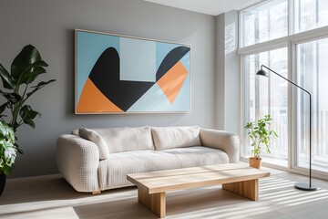 Minimalist, modern japandi interiors in the living room with light gray walls and boucle sofas with art frames hanging. Generative AI
