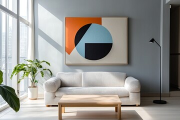 Minimalist, modern japandi interiors in the living room with light gray walls and boucle sofas with art frames hanging. Generative AI
