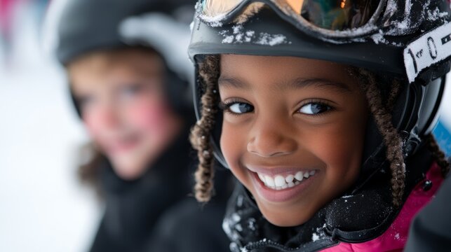 A joyful child smiles while skiing in winter attire at a snowy mountain resort during a sunny day