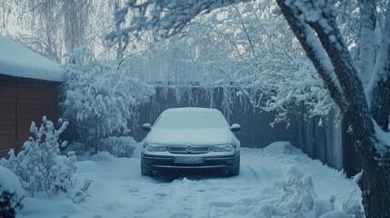 Frost-covered car parked in a snowy driveway, open space for text or design