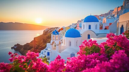 Santorini at Sunset with White and Blue Domed Buildings