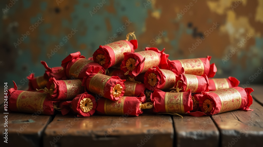 Wall mural a vibrant collection of red and gold firecrackers is piled on a rustic wooden table, embodying the f