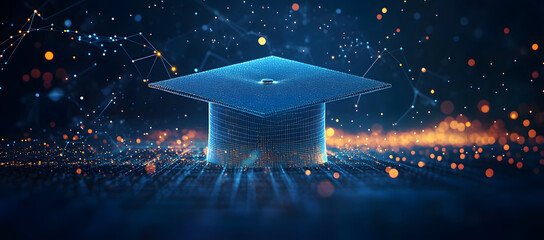 Abstract digital art of an open graduation cap made from glowing lines and dots, floating above a network grid on a dark blue background, power to shape your future through education Generative AI