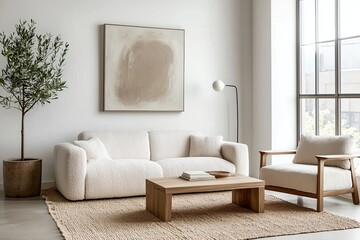 Minimalist, a japandi interior in a living room with white suits and boucle sofas hanging with art frames. Generative AI
