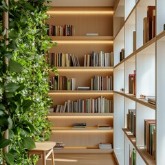 Modern Home Library Interior With Floor To Ceiling Bookshelves And Green Wall. Cozy Reading Room.