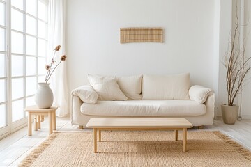 Minimalist, modern japandi interiors in the living room with boucle sofas. Generative AI
