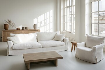 Minimalist, modern japandi interiors in a living room with grid windows and boucle sofas. Generative AI
