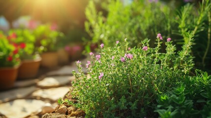 Thyme Plant in Herb Garden: Aromatic Perennial Growing in Mediterranean Soil