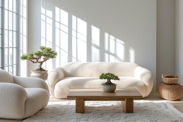 Fototapeta premium A modern japandi interior in the living room with minimalist, interior accessories and a view of the pot boucle sofa. Generative AI 