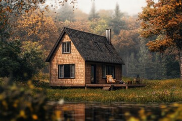 Tiny Home. Prefab Wood Shingle Bungalow Architecture for Generative AI