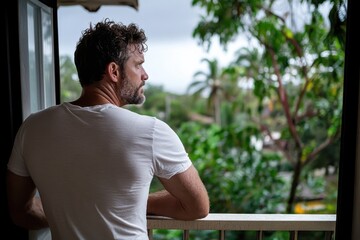 Fototapeta premium A man stands on a balcony, gazing out at the lush, green landscape under an overcast sky, evoking a sense of reflection and tranquility amidst nature.