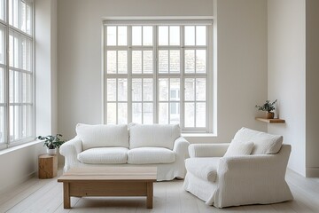 Minimalist, modern japandi interiors in a living room with grid windows and boucle sofas. Generative AI
