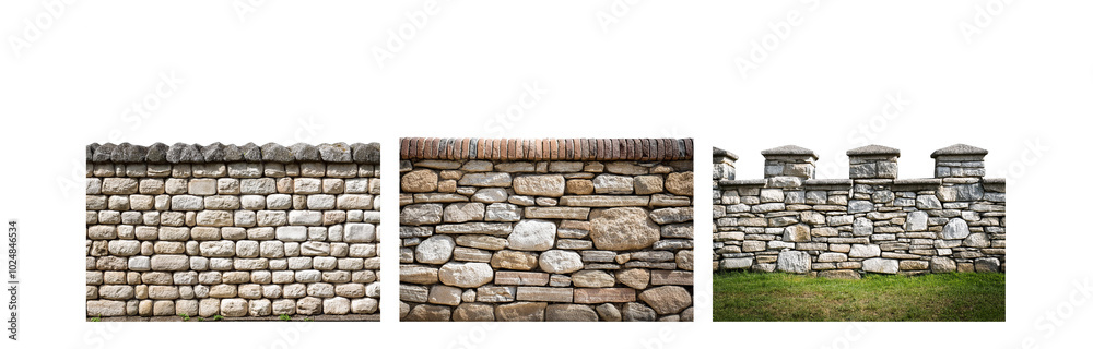 Aufkleber Three sections of stone walls, each built with a different style of stonework.