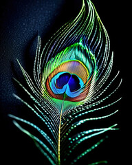 A colorful peacock feather is displayed on a black background © ArenaPics